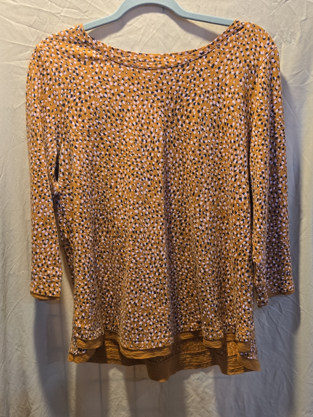 J. Jill Mustard Yellow Printed Top with Pink and Black Spots